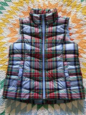Lands' End Plaid Puffer Vest - Light Blue, Red, Green - size small